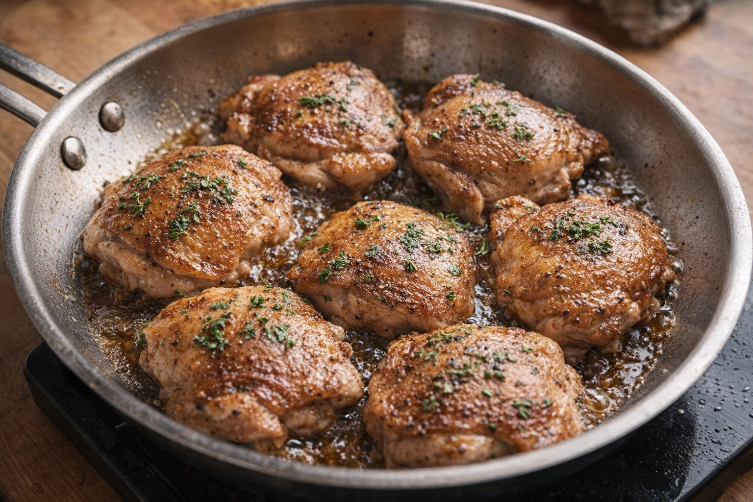 A close-up, overhead shot of perfectly seared boneless, skinless chicken thighs in a stainless steel skillet, glistening with rendered fat, garnished with fresh herbs, warm light